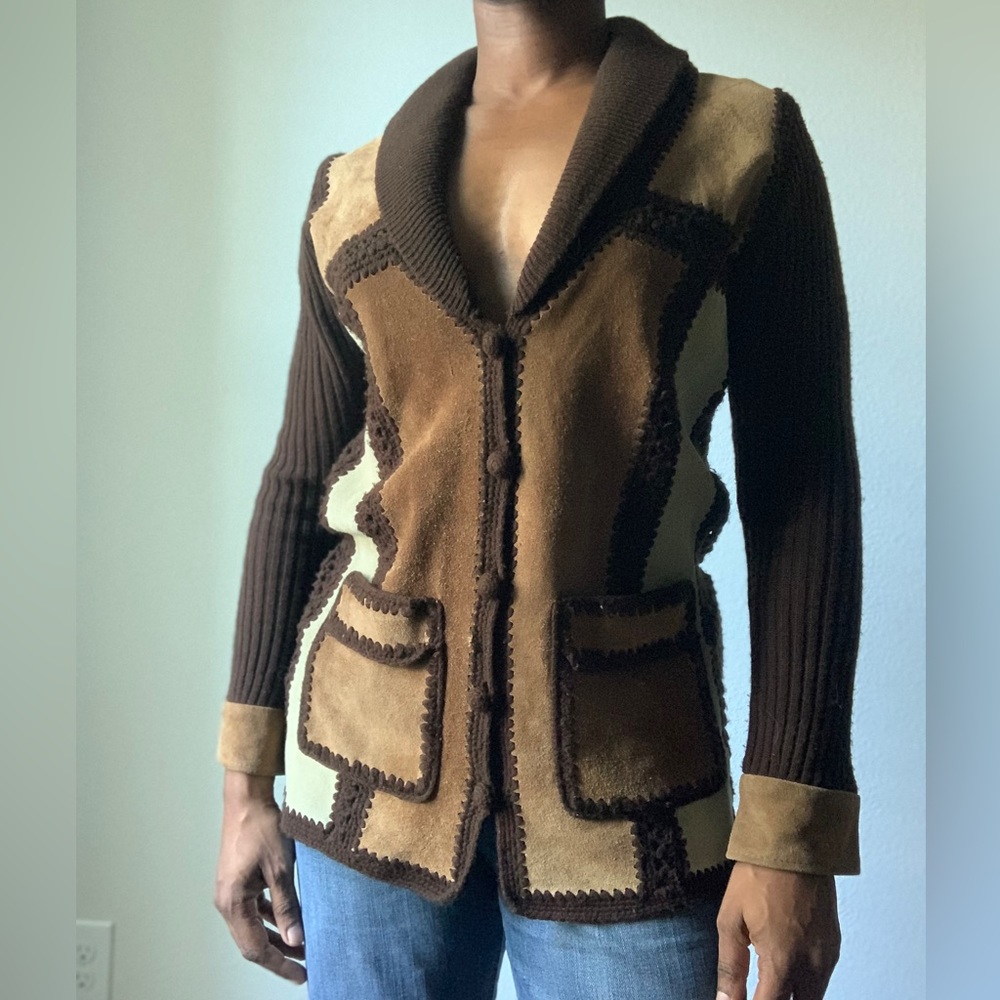 Patchwork Style Brown Cardigan Sweater - Rochelle… - image 2